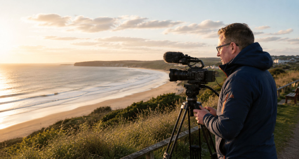 Filming on the Yorkshire coast at sunset
