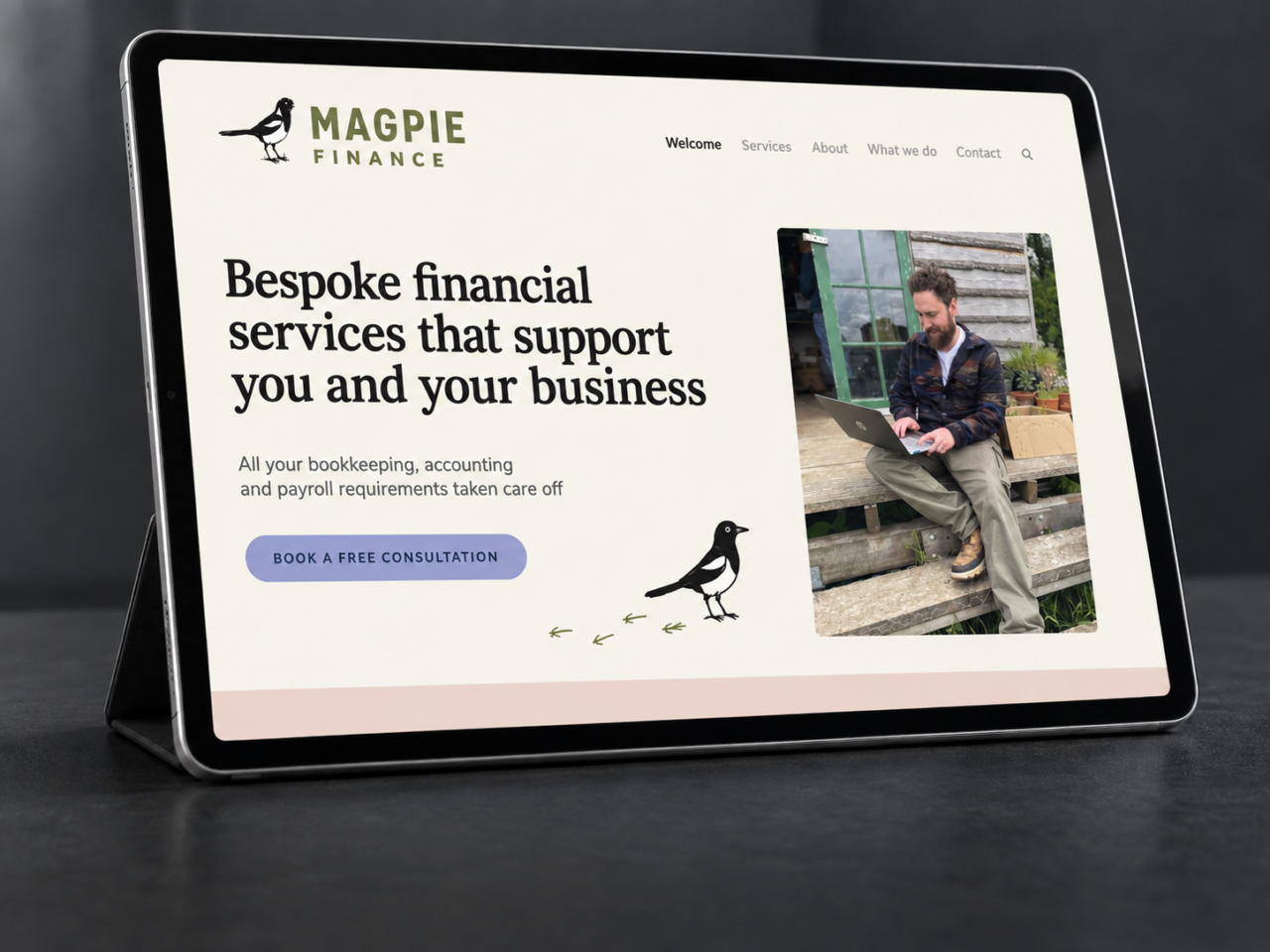 YCD portfolio — Magpie Finance actual website presentation Magpie Finance website displayed on a tablet