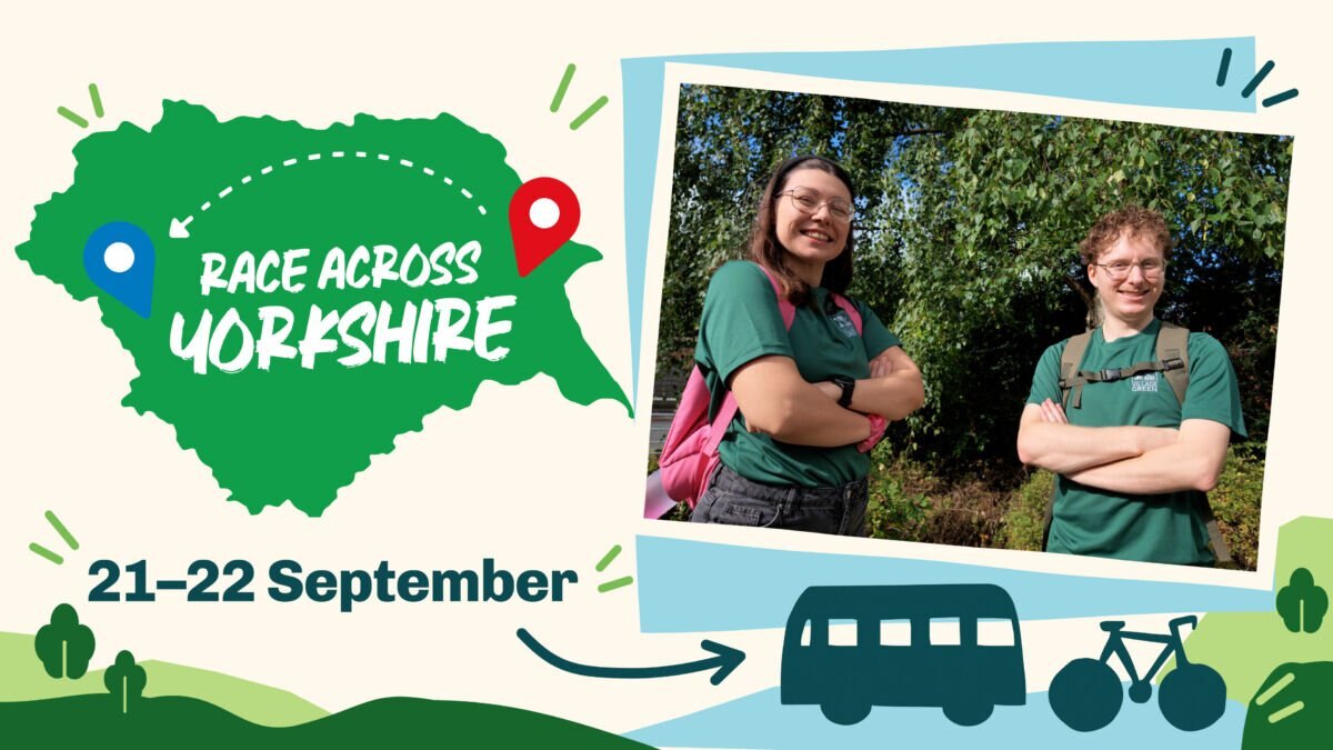 Race Across Yorkshire campaign image with participants and sustainable travel graphics Race Across Yorkshire campaign image with participants and sustainable travel graphics